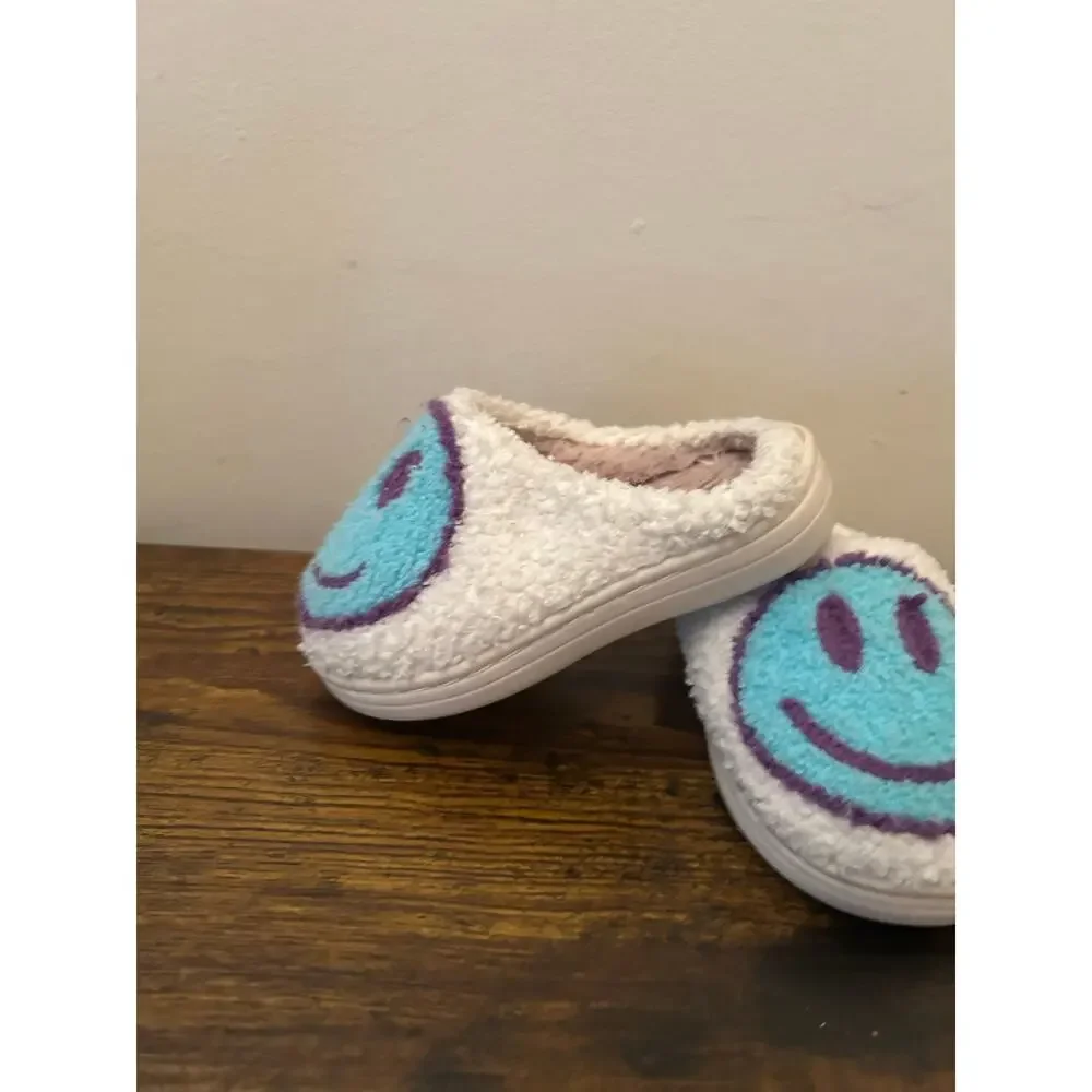 Retro Fuzzy Smiley Face Slippers Cream Teal Turquoise Purple Kids Sz 9.5 Cozy